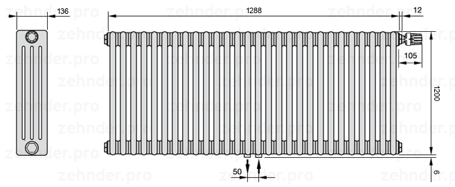 Схема (чертеж) Радиатор Zehnder Charleston 4120/28 №V008 Белый глянцевый RAL 9016